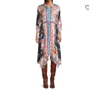 Johnny Was Black Floral Asymmetrical Midi Dress with Blue Trim